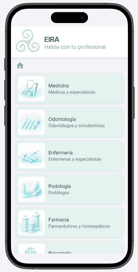 Pantalla real de profesionales de EIRA
