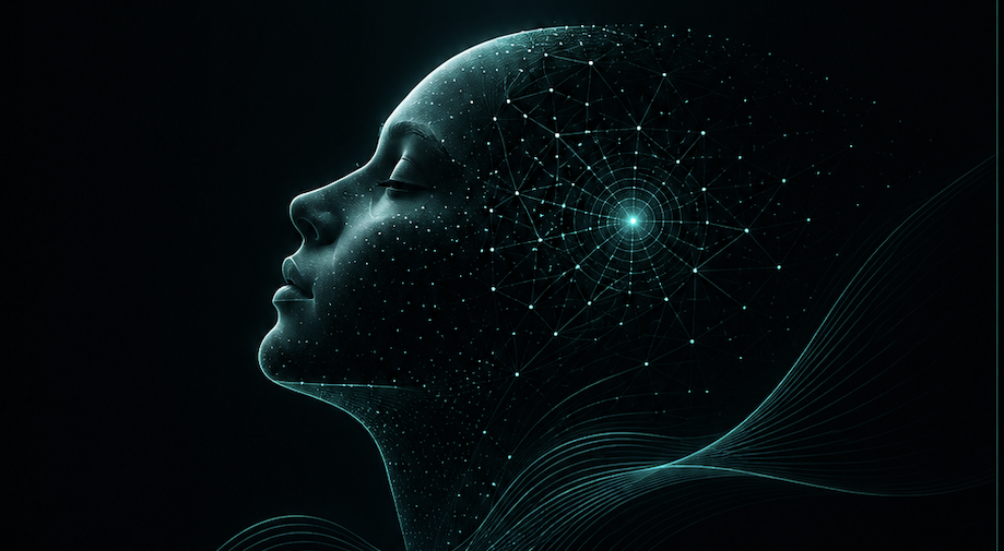 Rostro humano conectado por una red de luz turquesa, imagen de EIRA Human Calm Intelligence